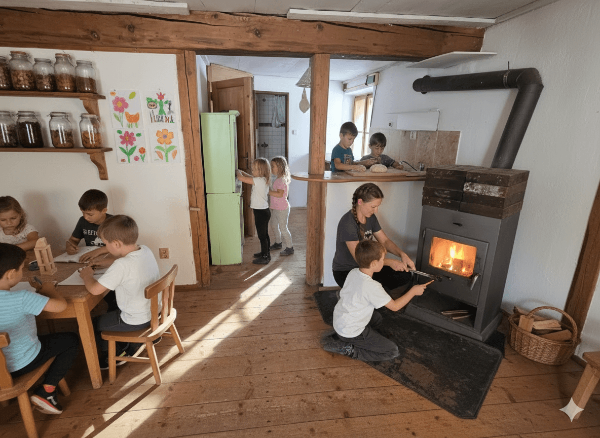 Děti tvoří u stolu u kamen v historické budově