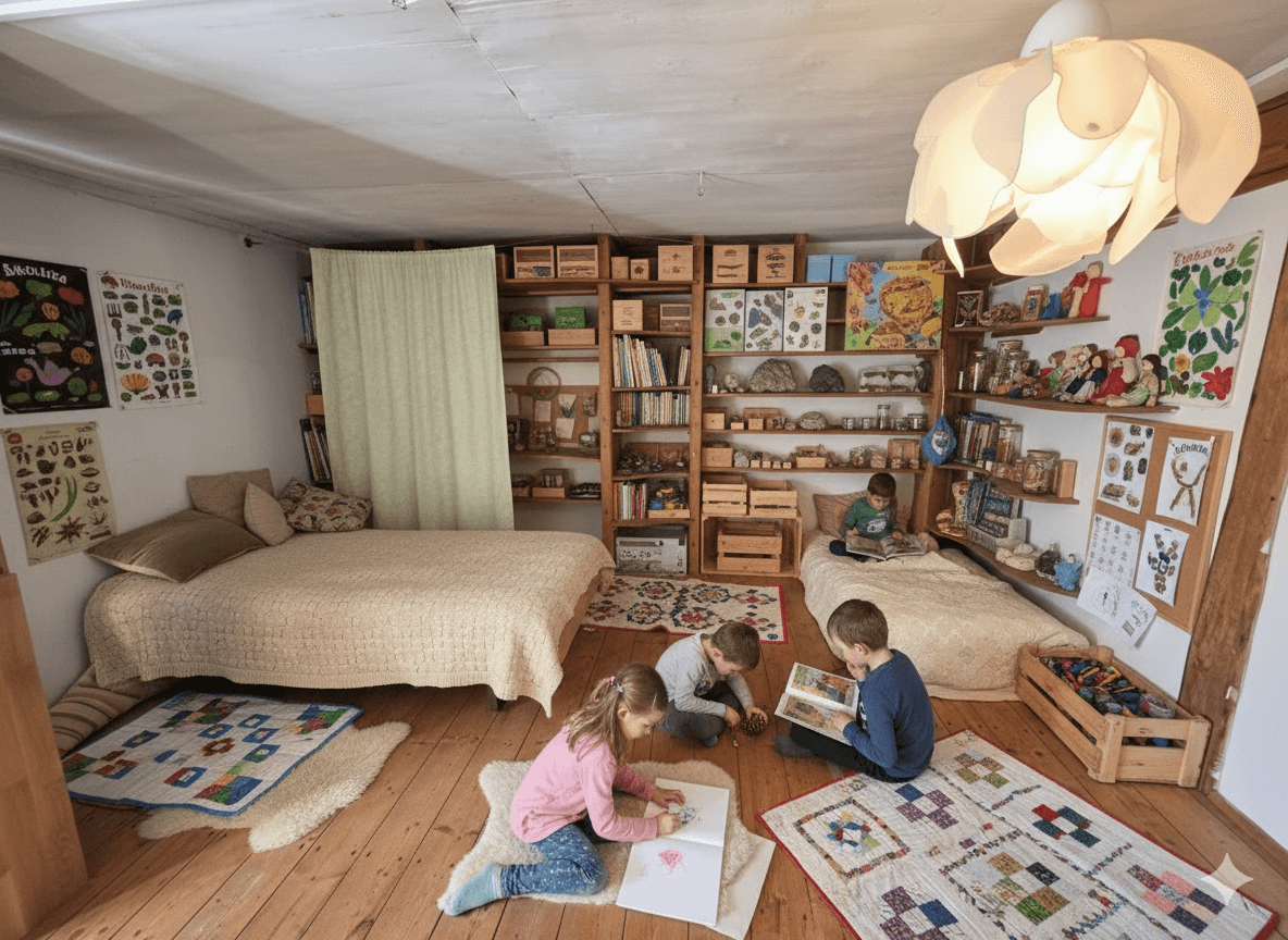 Děti kreslí a odpočívají v útulné místnosti