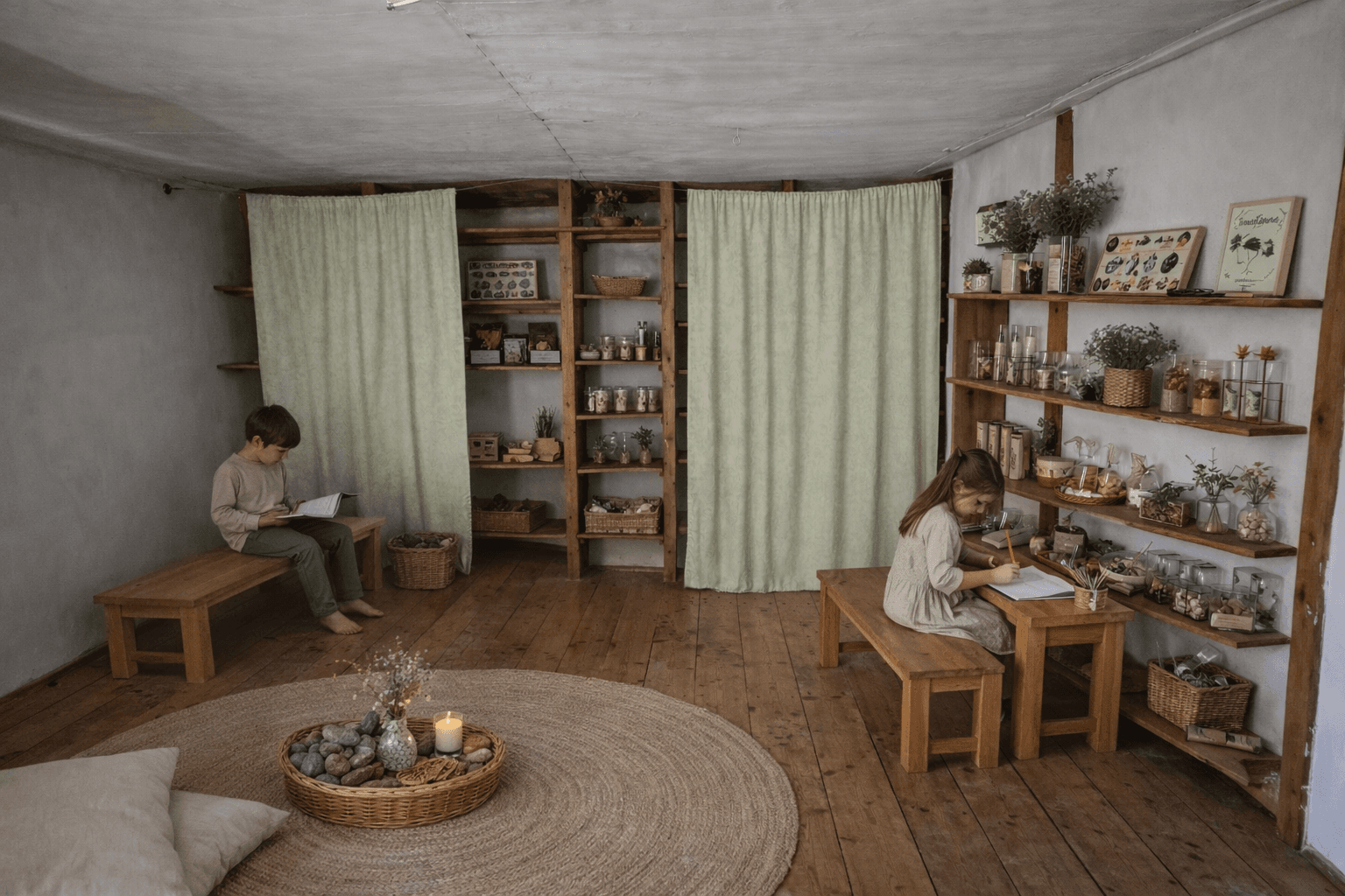 Studovna se zelenými závěsy — děti se soustředí