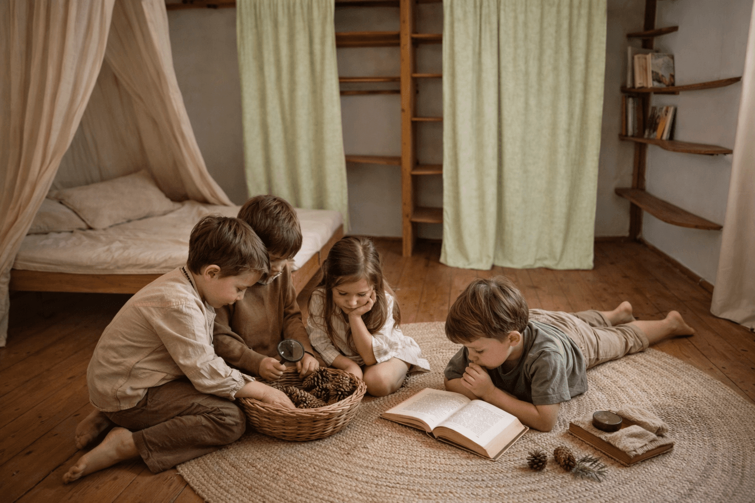 Děti zkoumající přírodu na farmě Fořt